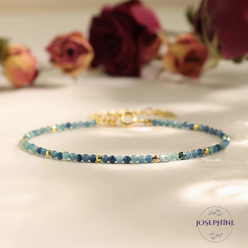 Minimalist Dainty Beads Gemstone Bracelet in Sterling Silver, Blue Tourmaline 2m