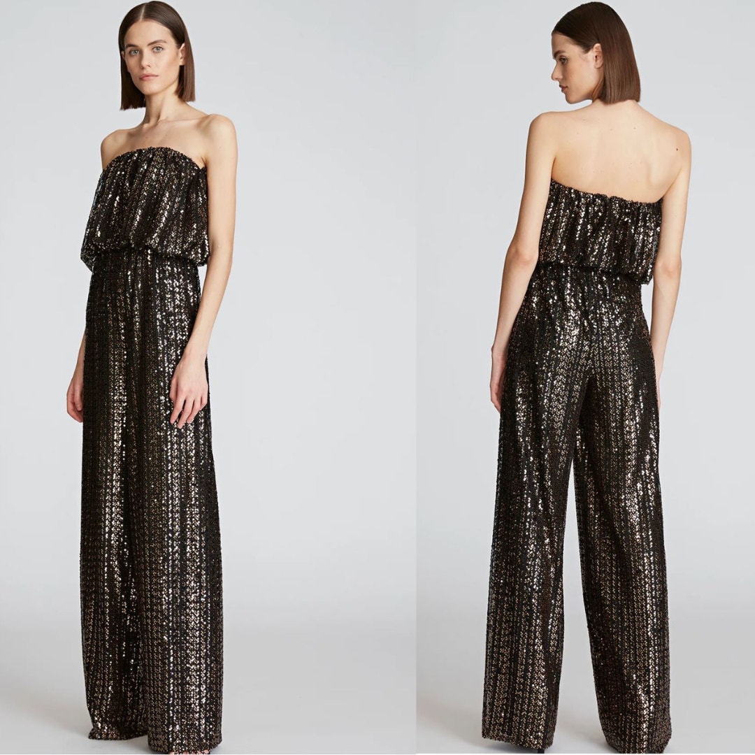 NWOT Halston Kensley Jumpsuit Sequins Small Black Gold Wide Leg Strapless Glam