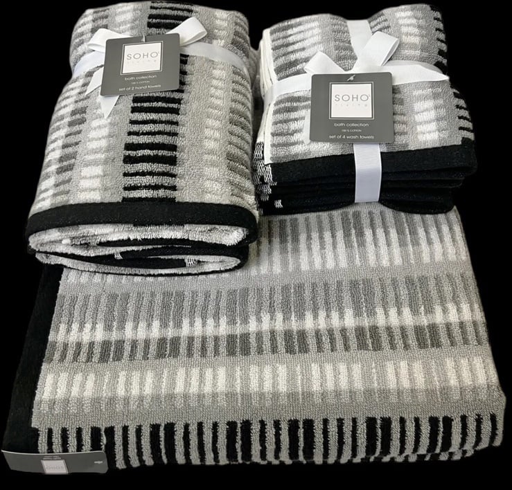 Soho Living Modern Black Gray White 2 Bath 2 Hand 4 washcloth Bathroom Towel Set