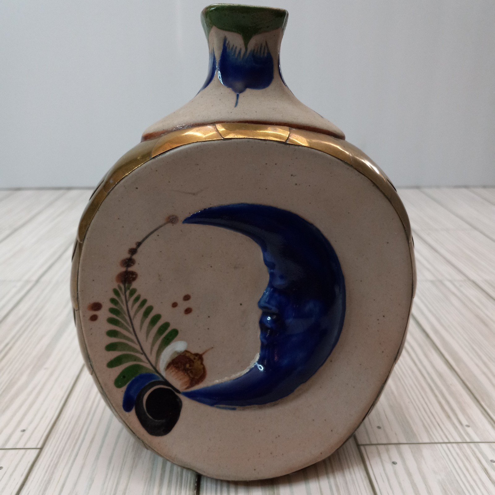 Vintage Mexican Tonala Hand Painted Pottery Sun & Moon Folk Art with Brass Vase
