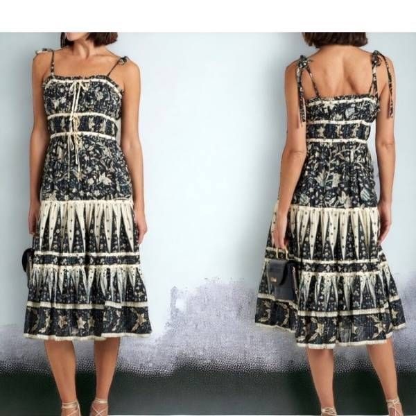 Christian Lacroix Cotton Spaghetti Strap Tiered Floral Midi Dress Sz Small