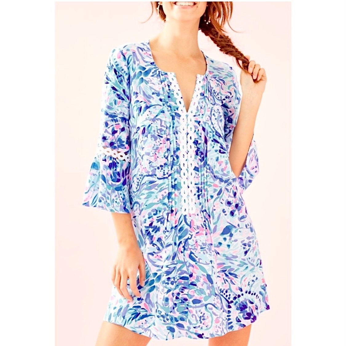 Lilly Pulitzer Hollie Tunic Dress Breakwater Party Wave Sz S Preppy Bell Sleeve