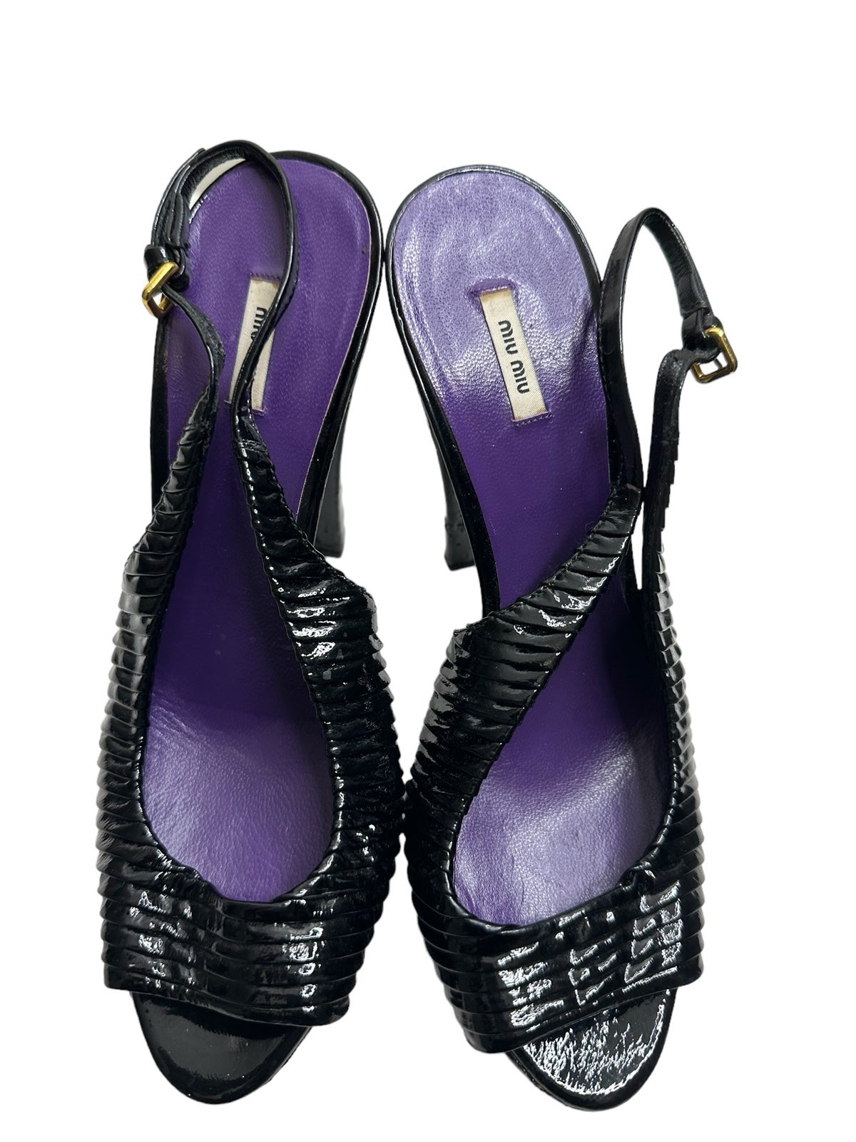 Miu Miu Prada Black Pleated Leather Peep Toe Platform Slingback Heels size37
