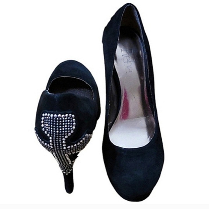 Reba Platform Heels Black Suede Metal Studded Cross Detail Almond Toe Cushioned