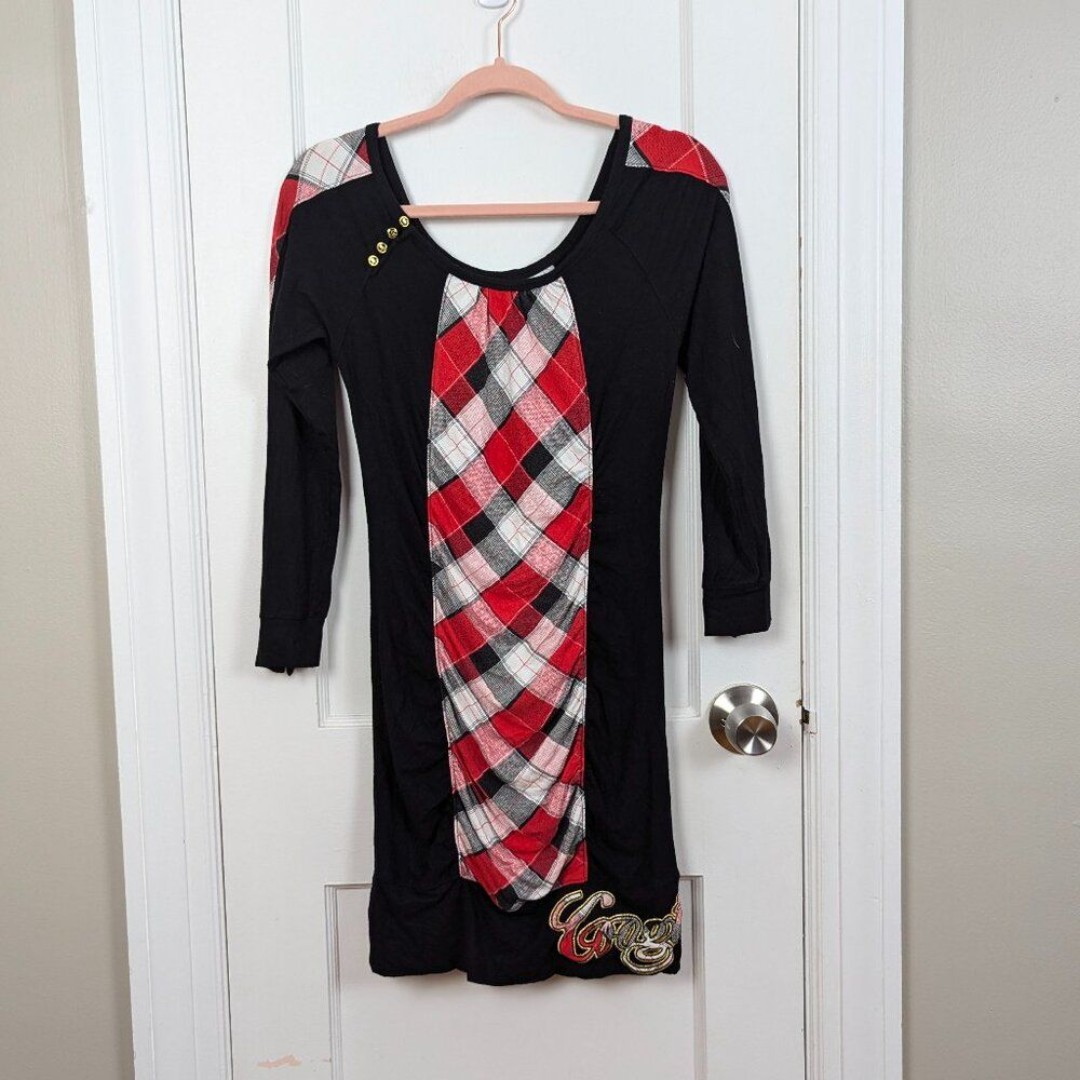 Coogi | Black/Red Plaid Ruched Long Sleeve Dress Size Medium