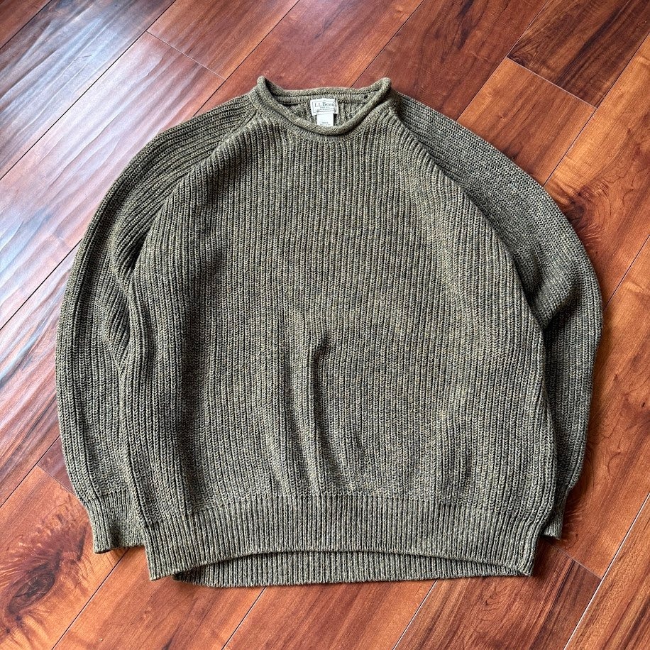Vintage LL Bean Fisherman Knit Rolled Neck Green Sweater Mens XL Regular