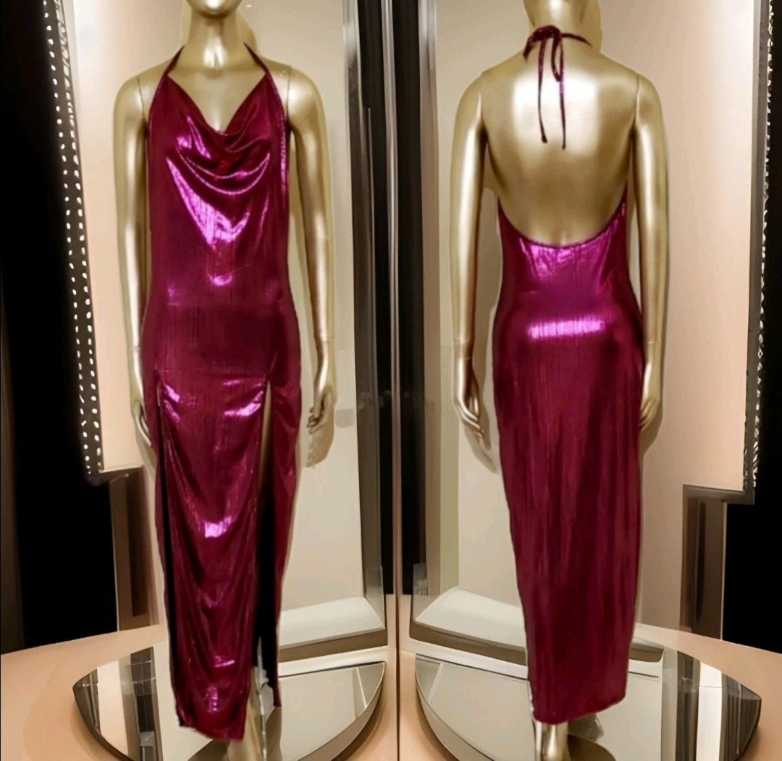 DressNWT Slinky Sexy Draped Slit Thigh Tie Backless Metallic Halter Dress Sz M