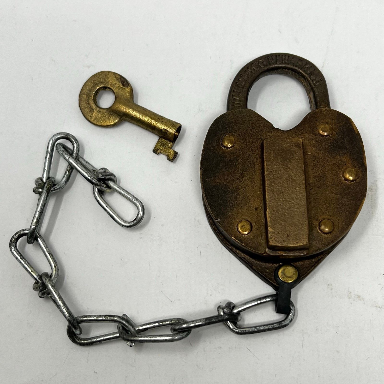 Vintage JHW CLIMAX Co Newark NJ USA Brass Padlock Heart Works With Key