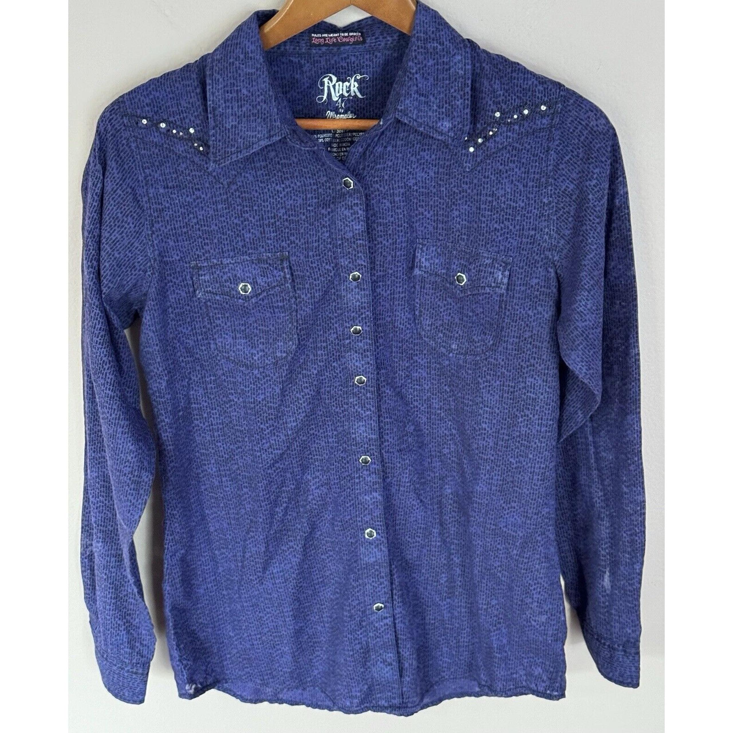 ROCK 47 BY WRANGLER Studded Plaid Western Long Sleeve Shirt Ladies Size Medium.