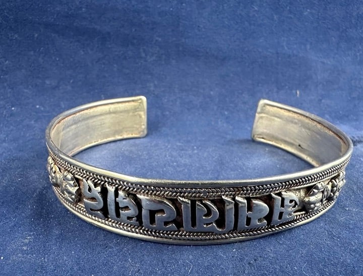 Vintage embossed Buddhist mantra spiritual sterling silver cuff bracelet