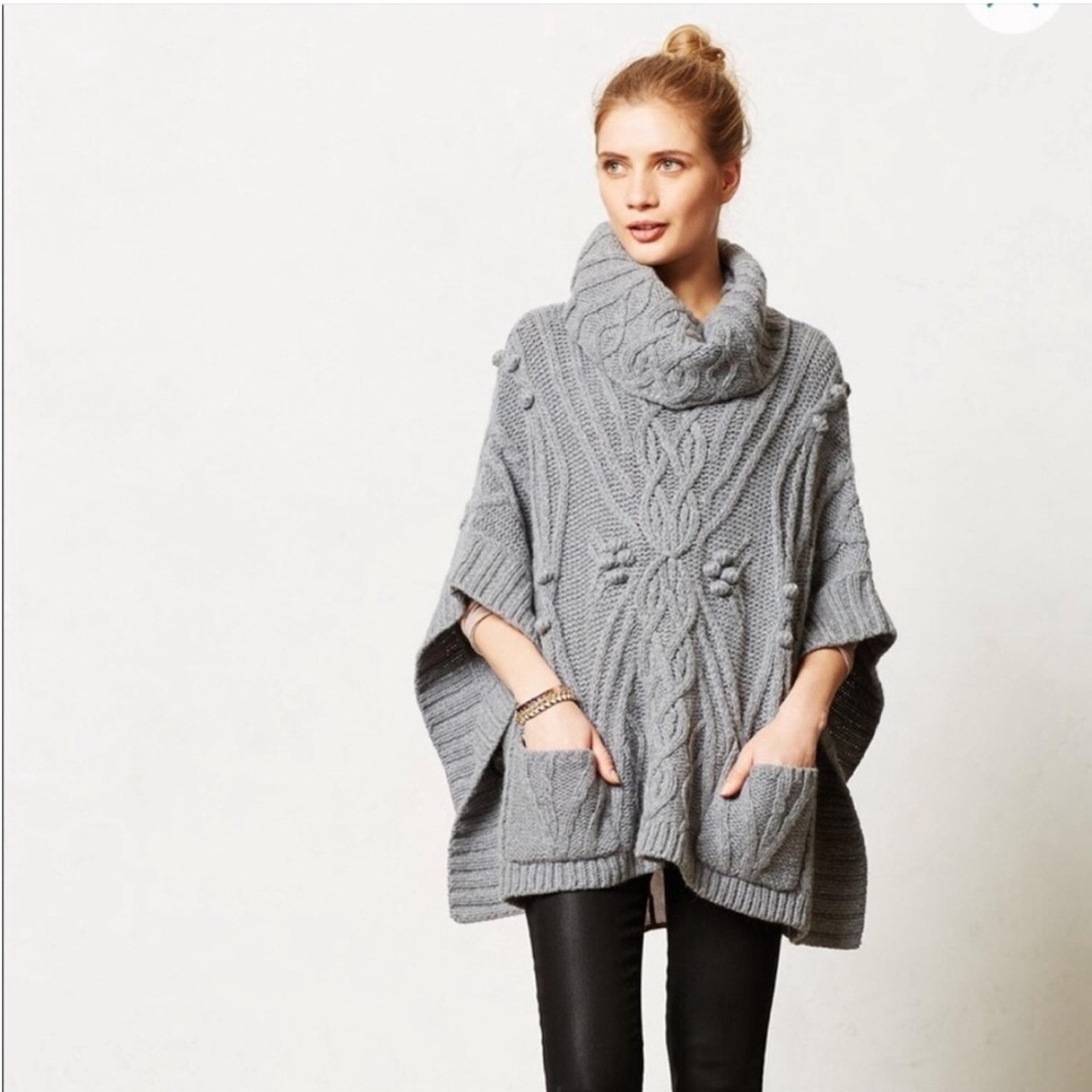 Anthropologie Sleeping on Snow gray cable knit wool angora blend poncho sweater