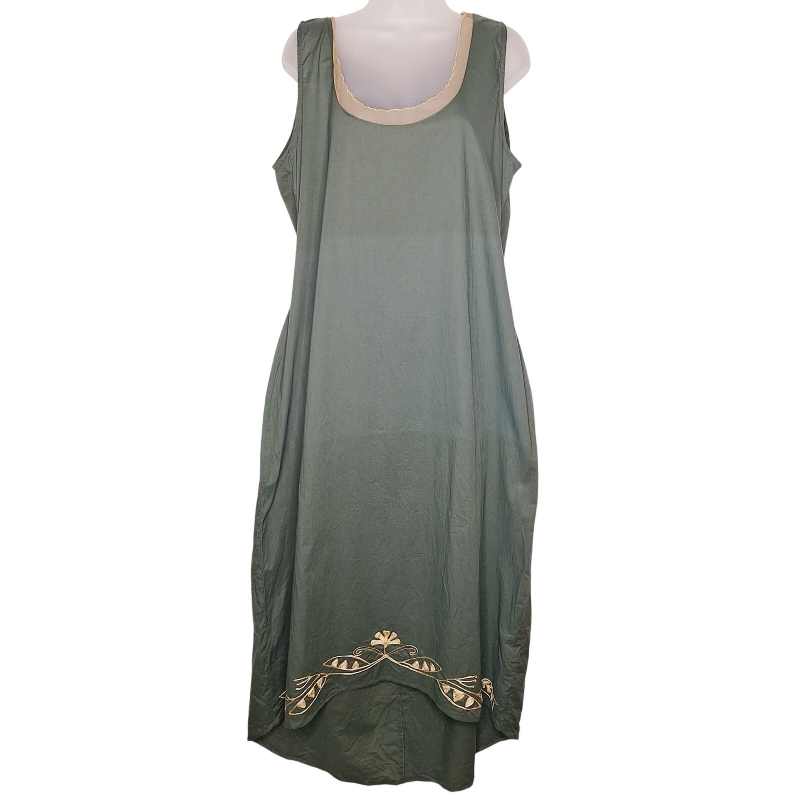 Edwardian Shift Slip Dress Maxi Sleeveless XL Embroidered Sage Fairy Boho - Nataya