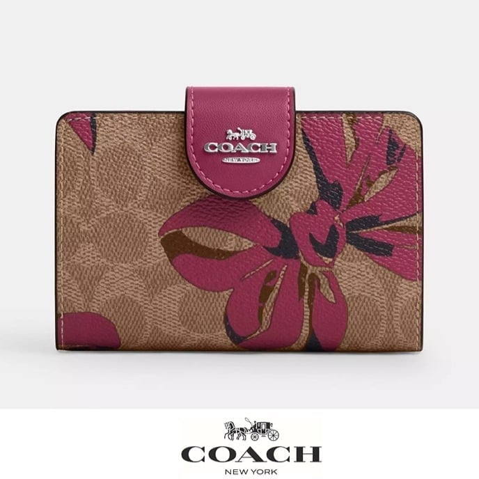 Coach Medium Corner Zip Wallet In Signature Canvas With Bow