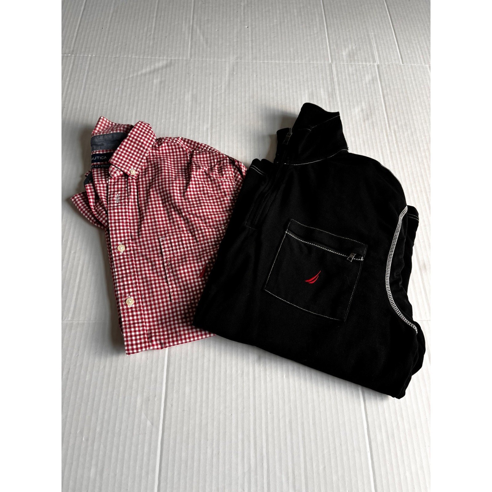 Lot of 2 Nautica 1/4 zip black Pullover red white gingham button down Large