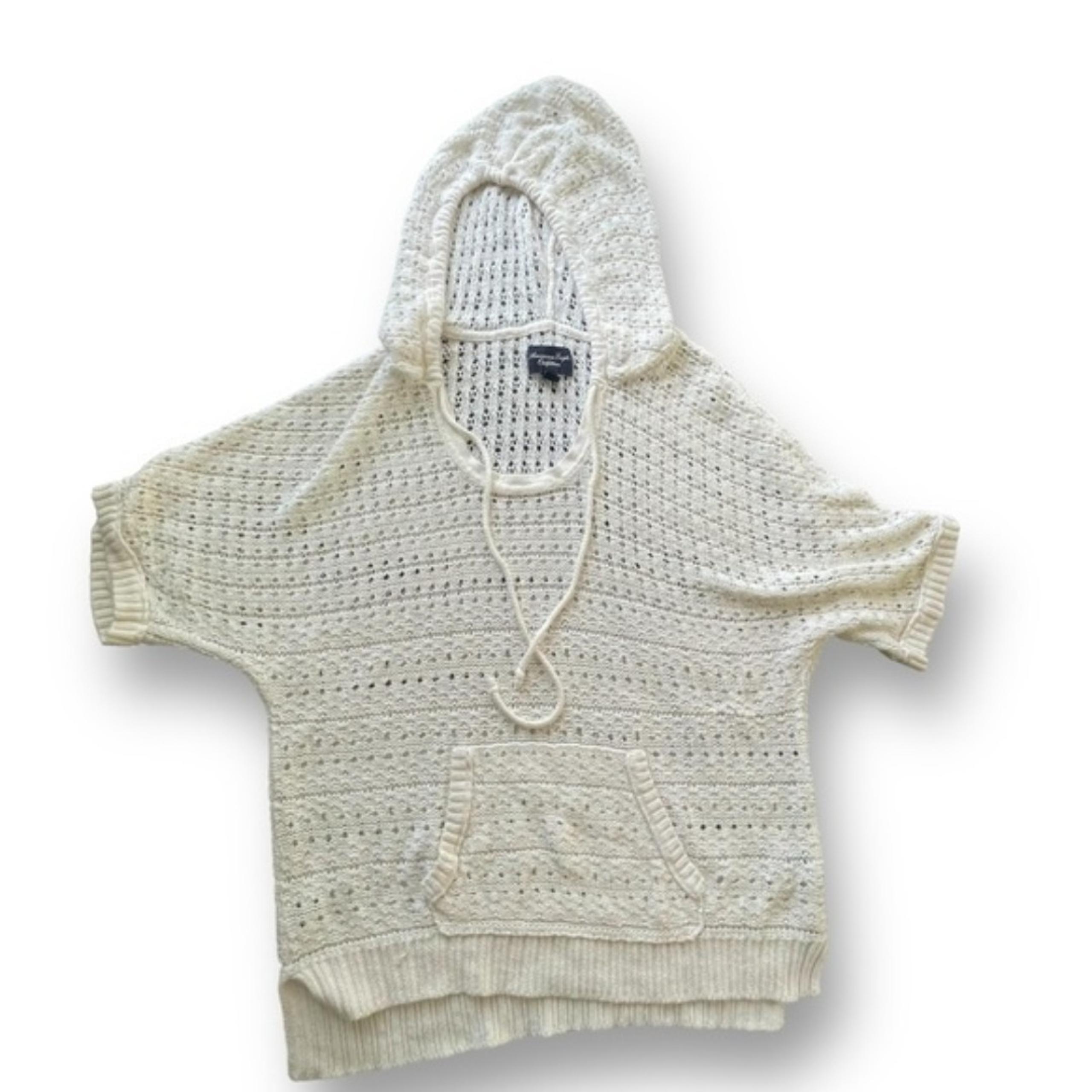 American Eagle Cream Crochet Open Knit Short-sleeve Hooded Sweater Women's Large