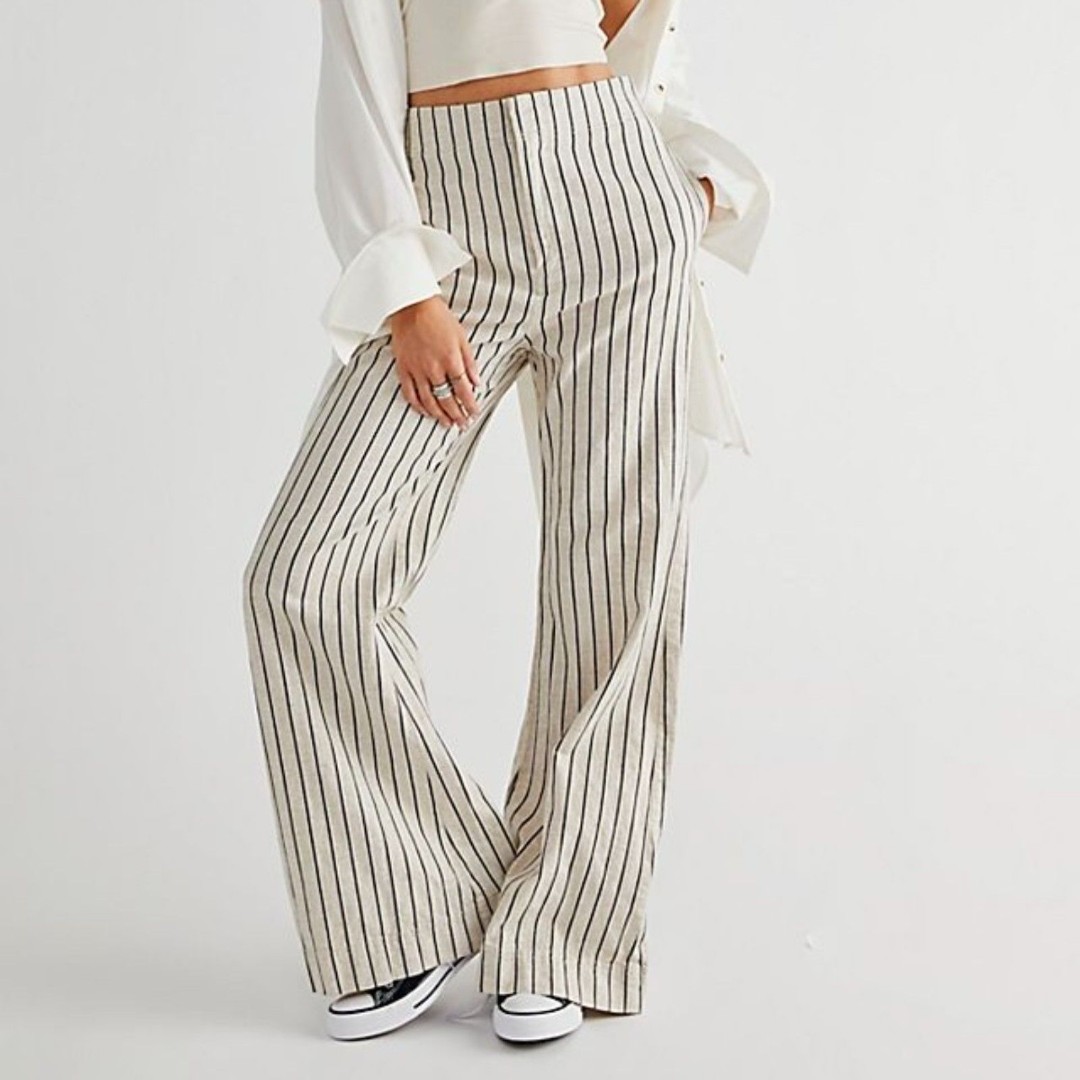 Free People Star Of Wonder Pants Size 0 Wide Leg Flare Cotton Linen Stripes