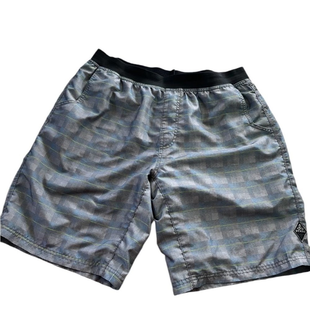 PrAna Mens Gray Blue Checkered Swim Trunks Board Shorts Size XL