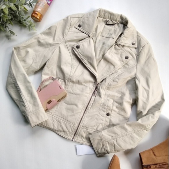 JOU JOU stone colored vegan leather Moto jacket