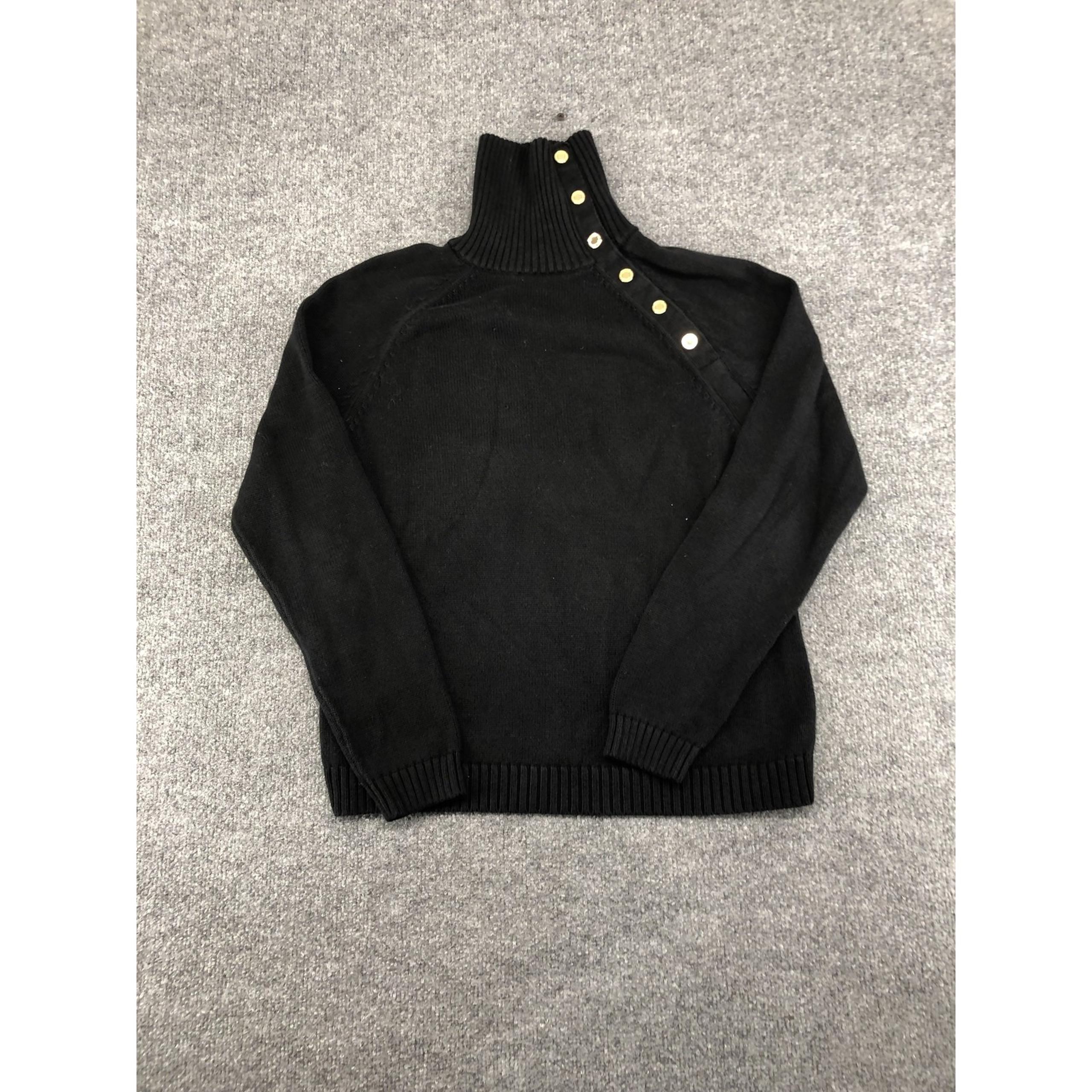 Lauren Ralph Lauren Sweater Womens Large Black Button Mock Neck Pullover Cotton