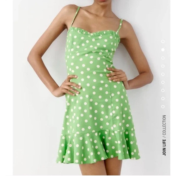 NEW Linen Blend Dress Small Zara Polka Dot Green Print Mini Ruffles Summer NWT