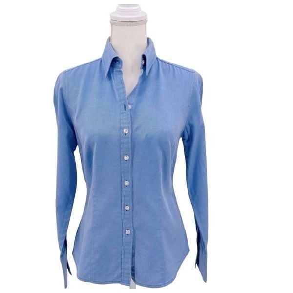 Ann Taylor Shirt Blouse Cotton Button Down Blue White Sise 4