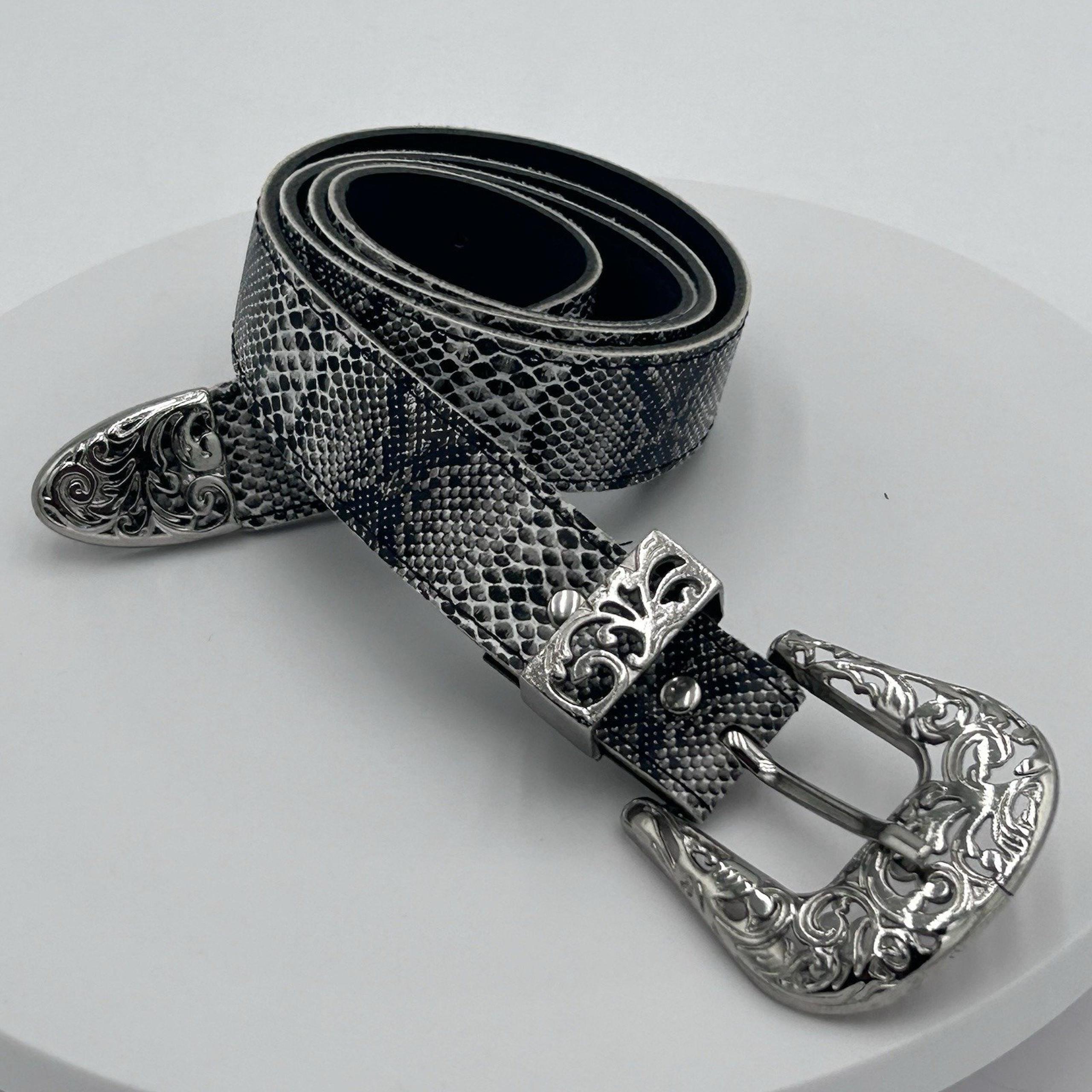 Women’s Gray Black Faux Snakeskin Western Belt Cowgirl Silver Buckle Sz M/L (40)