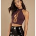 Tobi Burgundy Cropped Lace Up Halter Top Large