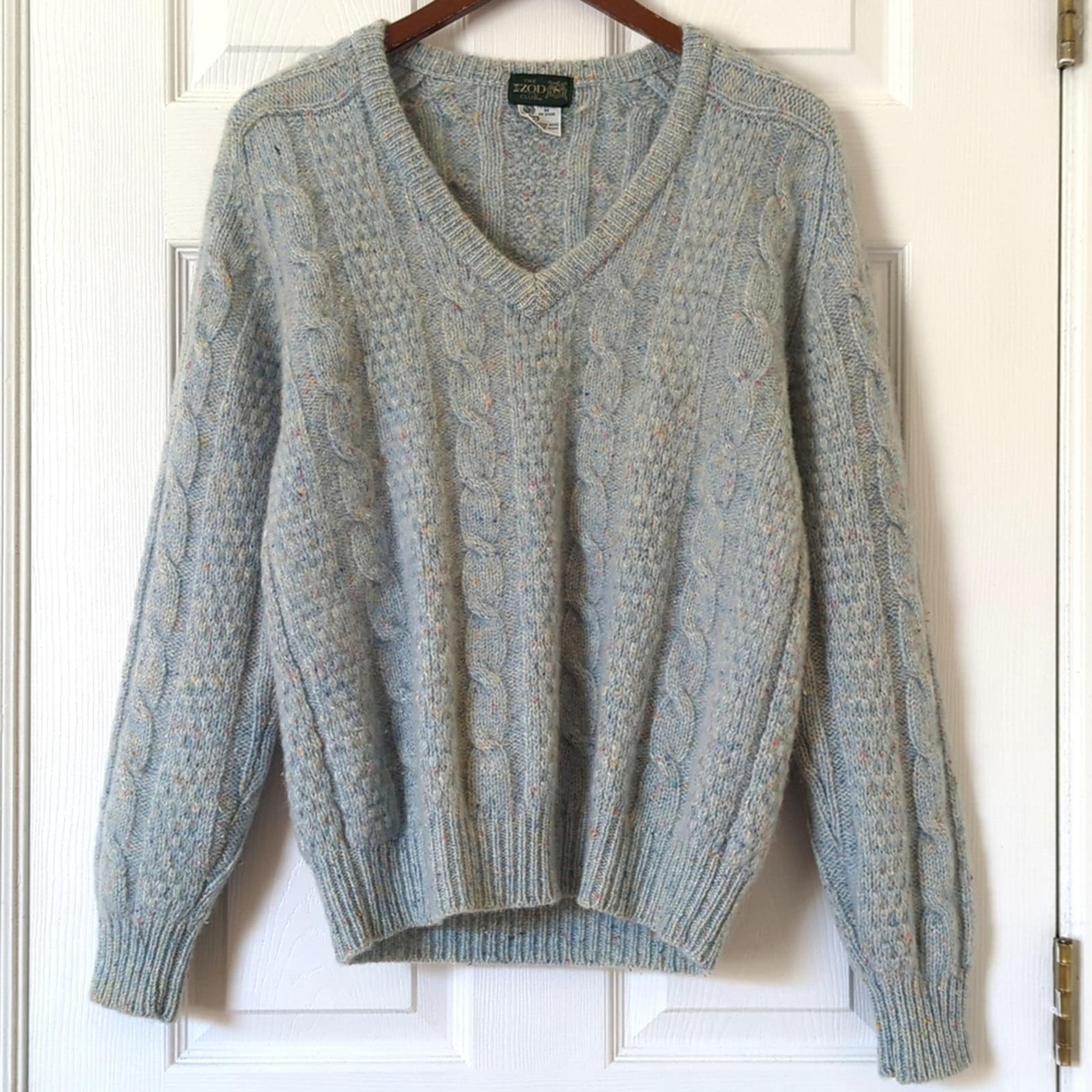 Izod 80's Vintage Speckle Wool Blend Chunky Cable Knit V-neck Aran Sweater Blue