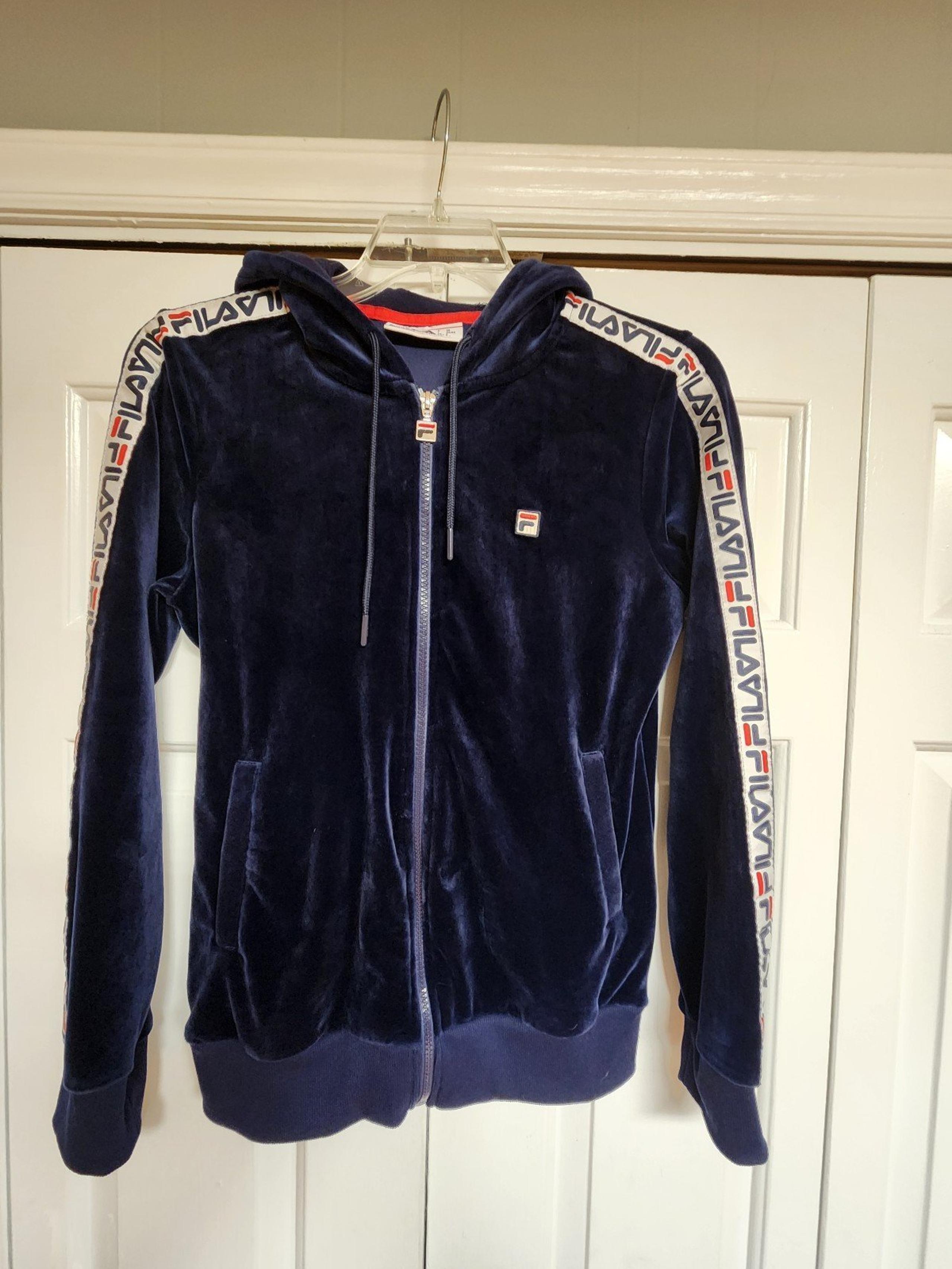 Vintage FILA Velour Navy Blue Track Jacket 90s Logo Graphic Sleeve Full Zip Sm