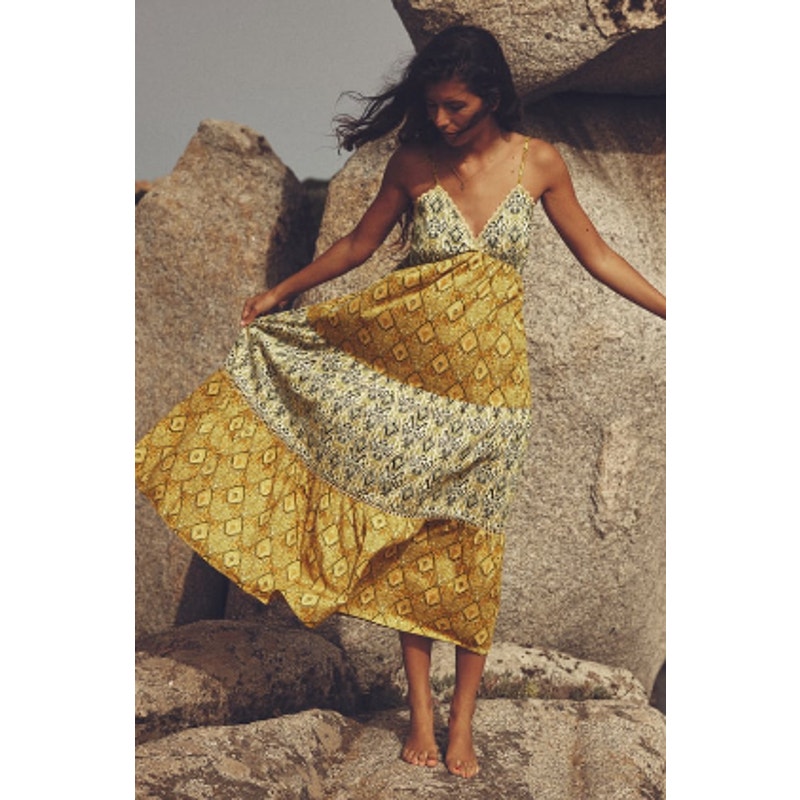 Zara Yellow Cotton Boho Patchwork Print Spaghetti Strap Midi / Maxi Dress XXL