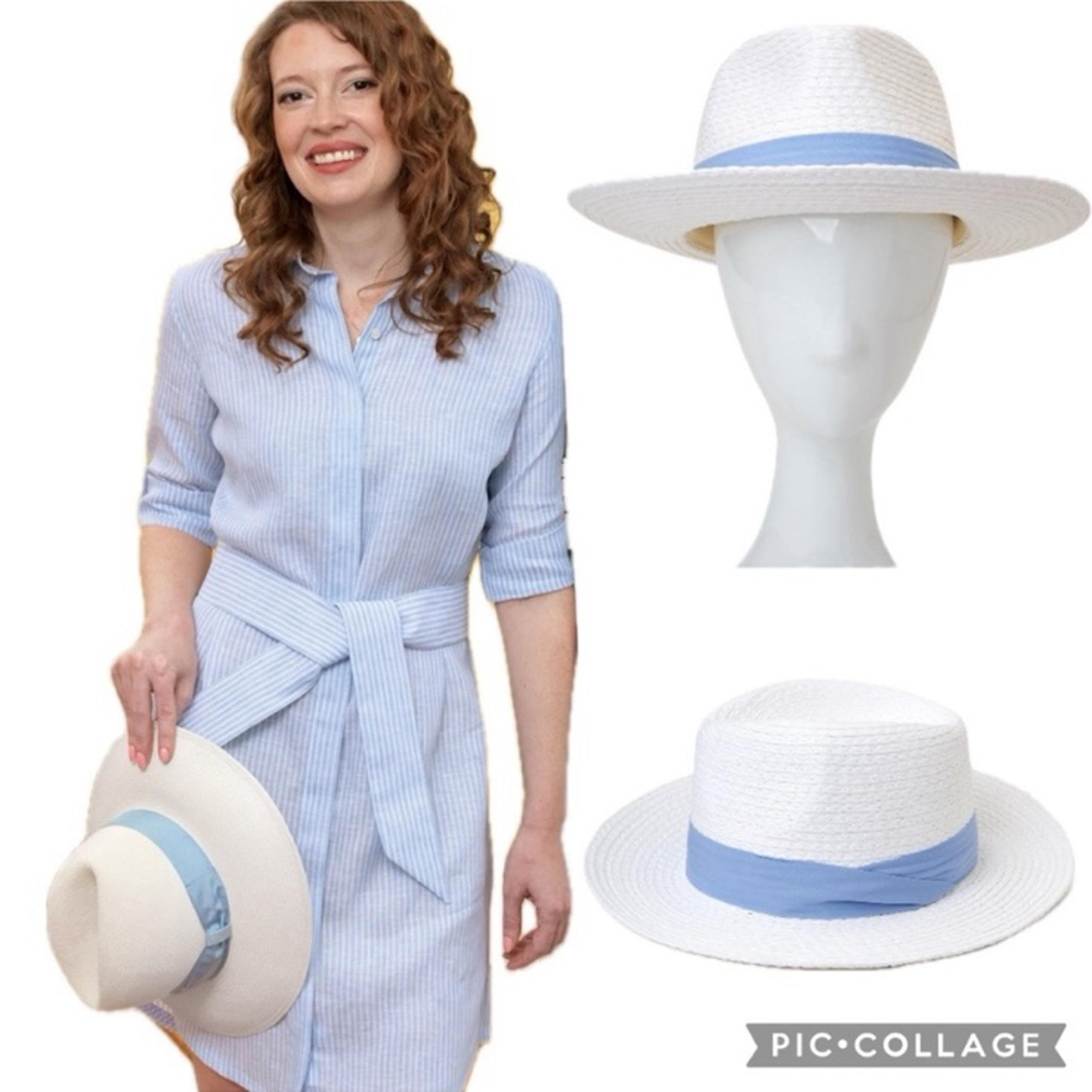 Boutique White Straw Panama Hat With Blue Ribbon Band Wide Brim & Accent Clip