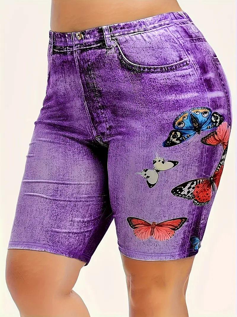 Butterfly Print Plus Size Stretch Denim Shorts