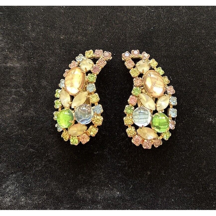 VTG Weiss Glass Rhinestone Gold Clip Earrings Paisley Rainbow Fruit Salad Rare