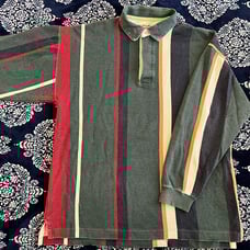 Vintage RARE Eddie Bauer Rugby Style Striped Long Sleeve Collared Polo LARGE