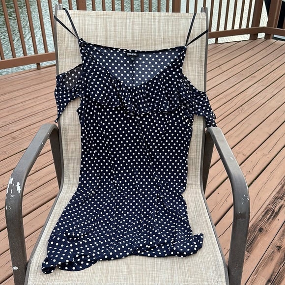 Rozali navy blue polka dot dress cold shoulder sheer ruffle sleeve