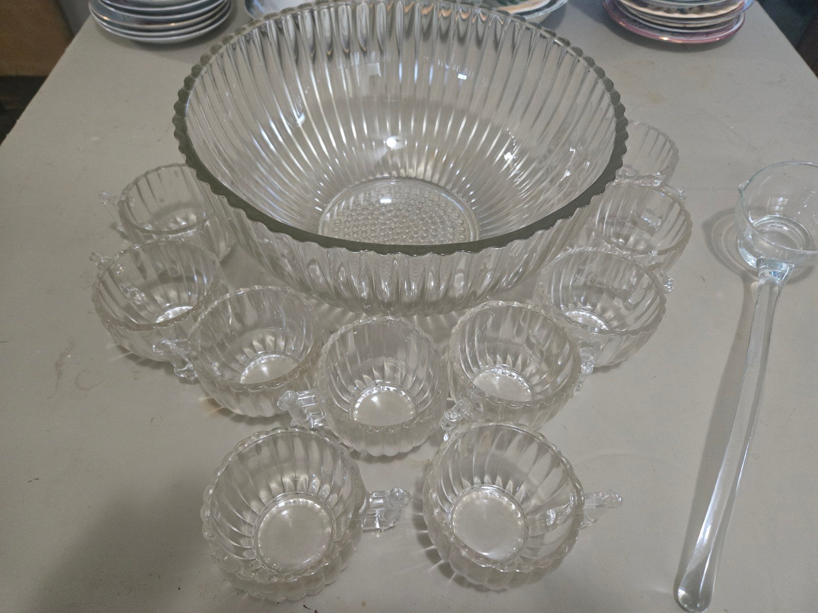 Vintage Jeannette Ribbed Glass 11 PC. Punch Bowl Set