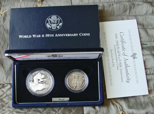 1993 World War II 50th 1991-1995 WWII GEM Proof 2 Coin Silver Dollar and 50c WW2
