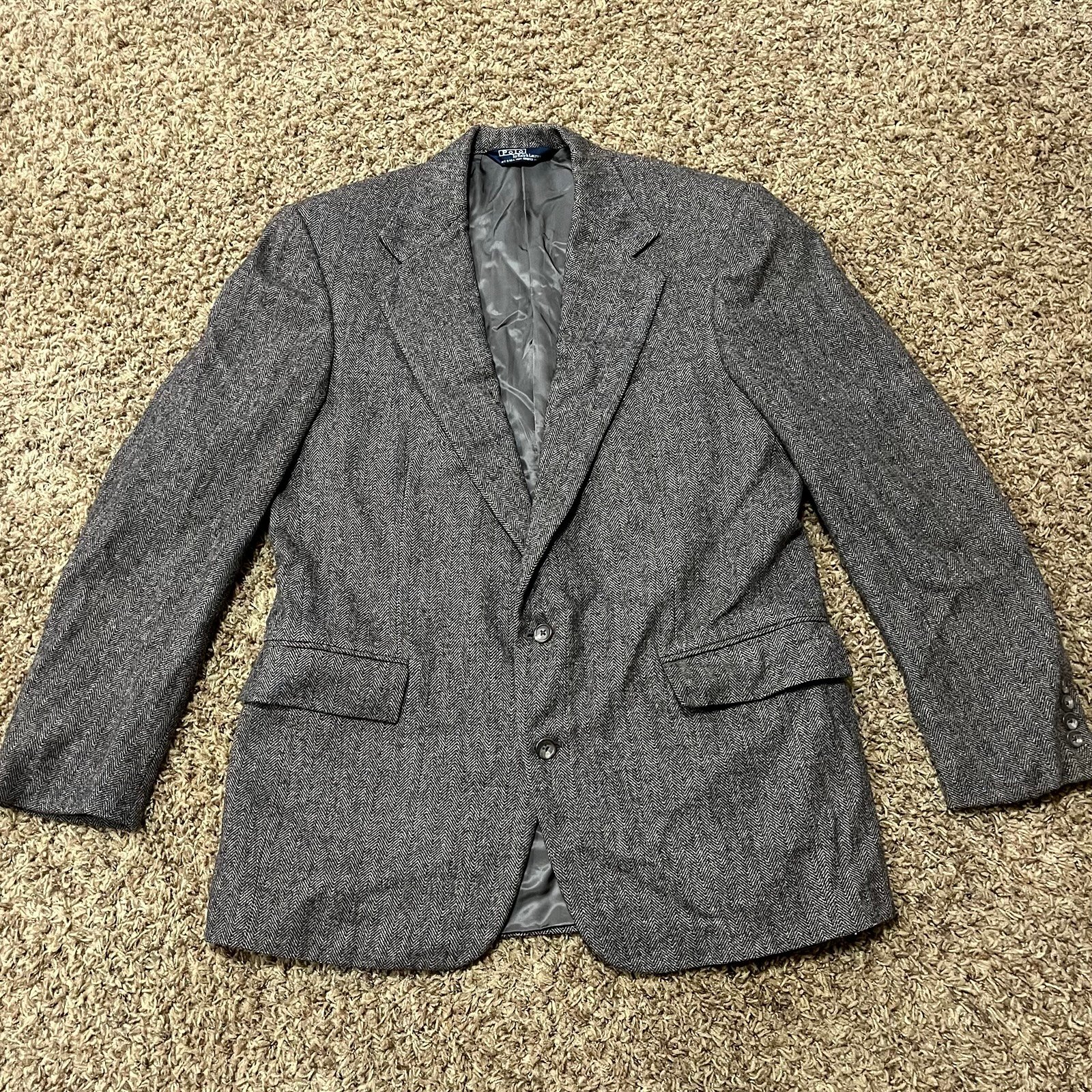 Polo Ralph Lauren Men's Size 42R Wool Tweed Blazer Grey Blue Herringbone Jacket