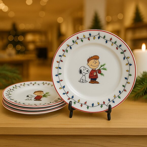 Peanuts Christmas Salad Plates Set of 4 | Charlie Brown & Snoopy Holiday Lights