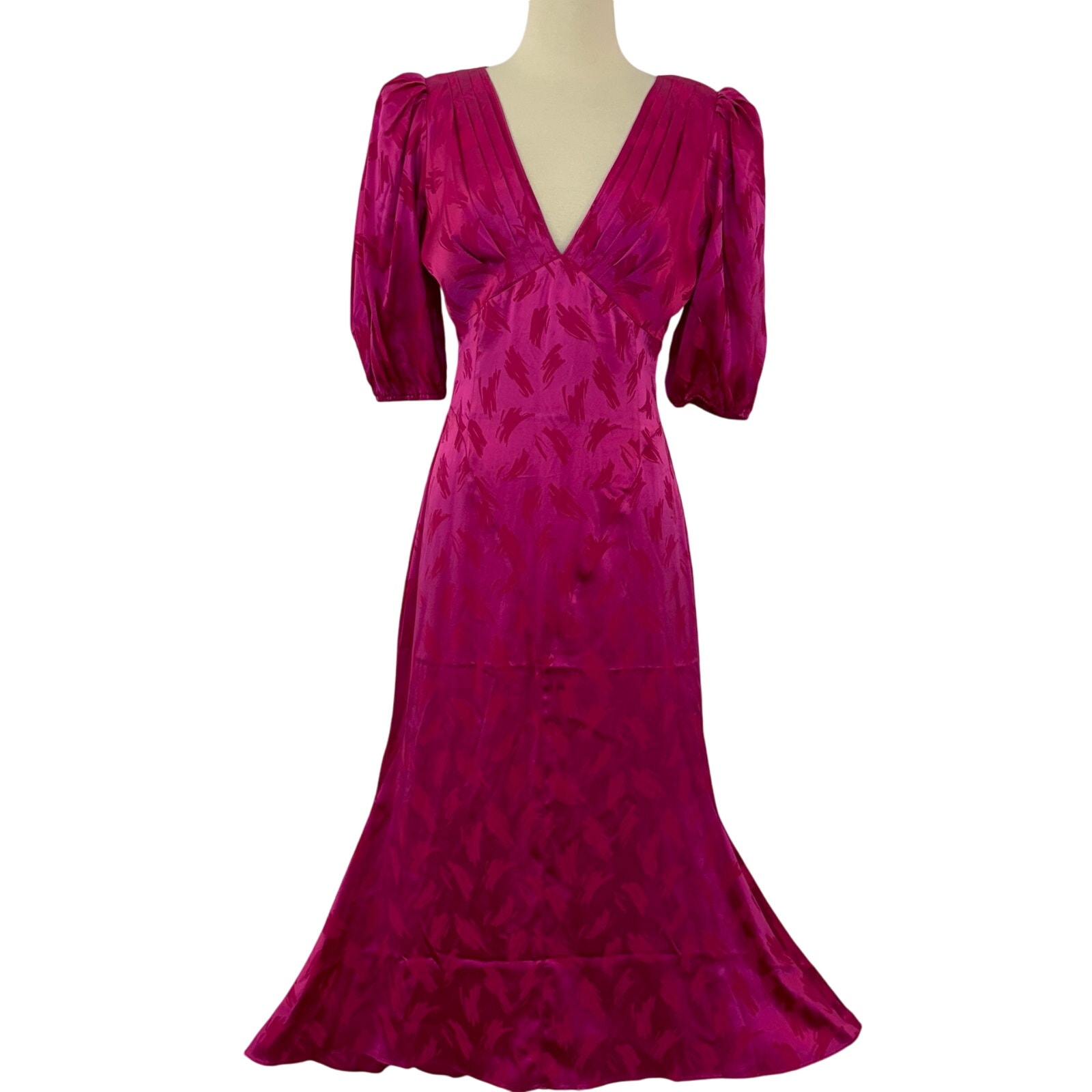 Ronny Kobo Teresa Jacquard Midi Dress Stretch Silk Puff Sleeve Pink | Medium