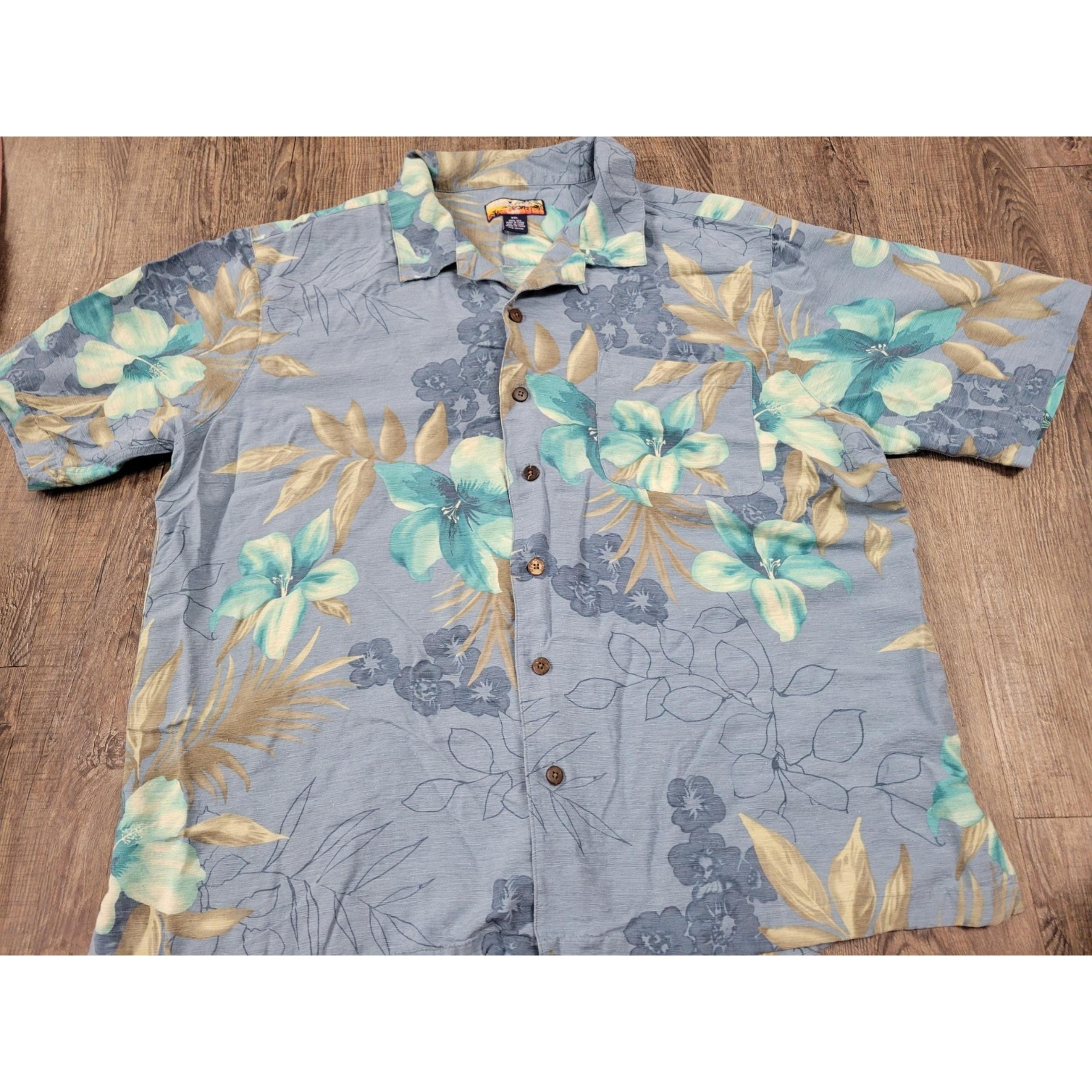 Havana Jack Shirt Adult 2XL XXL Gray Blue 100% Silk Hawaiian Floral Soft Mens
