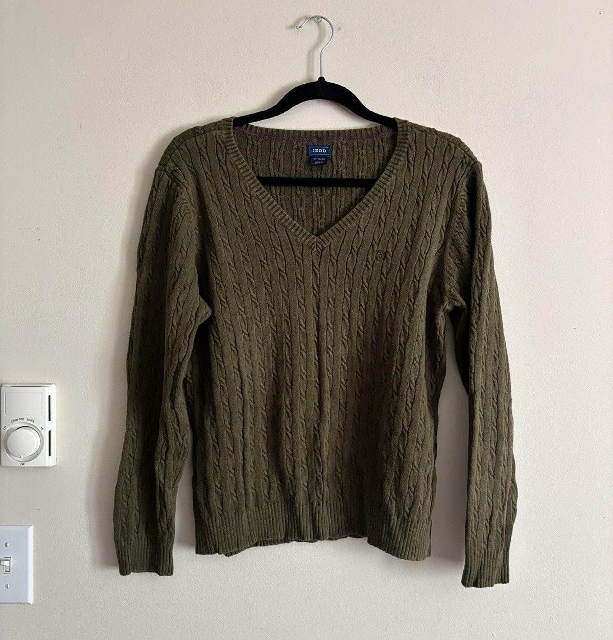 Izod Womens XL V Neck Sweater Cable Knit Forest Green Classic Preppy Outdoor