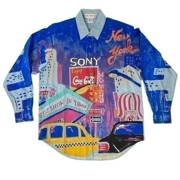 Vintage New York City Times Square Pop Art Painted Denim Button Down Shirt