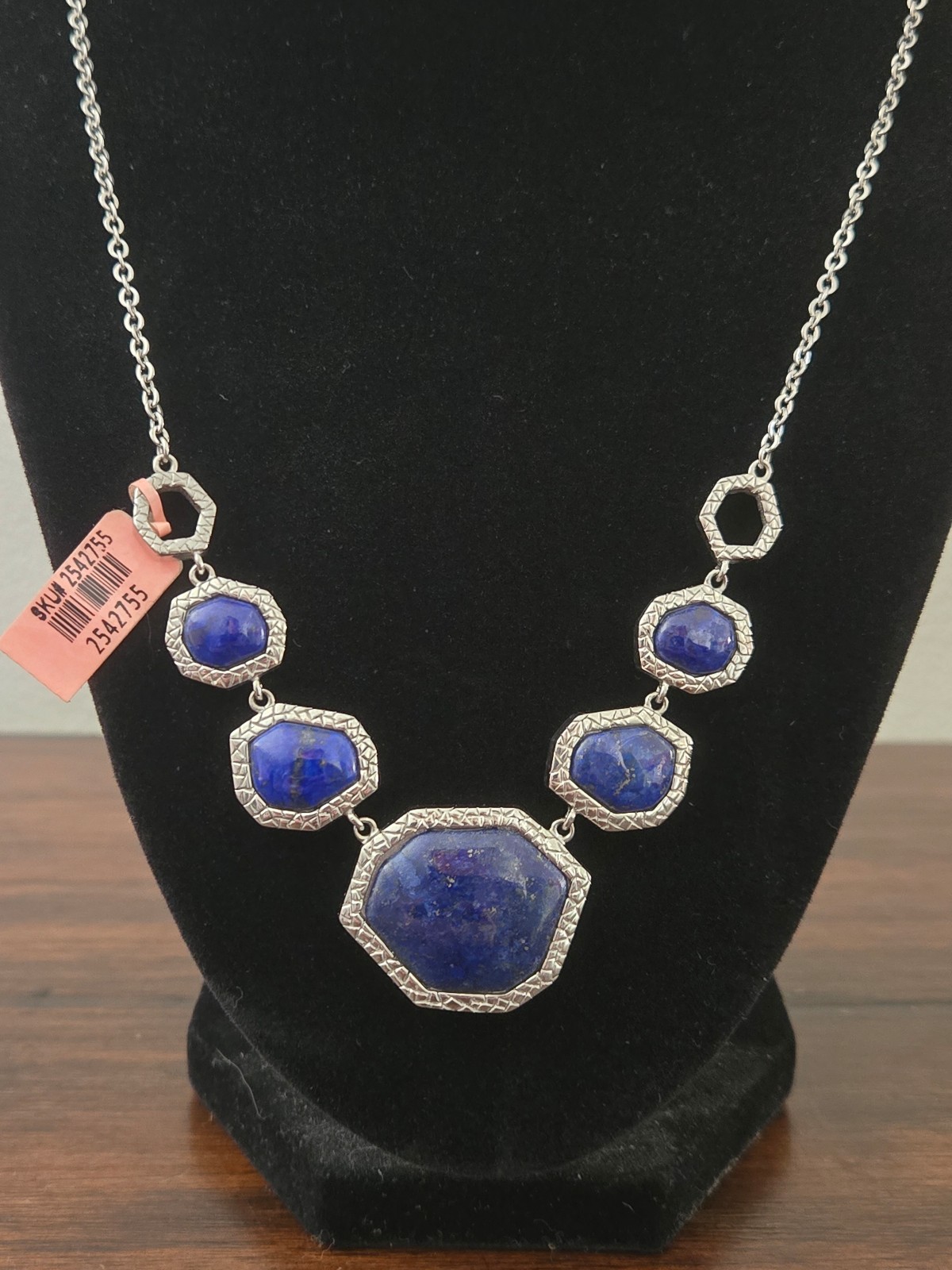 NWT Boutique Blue Lapis Lazuli Silver Tone Metal Chunky Statement Necklace