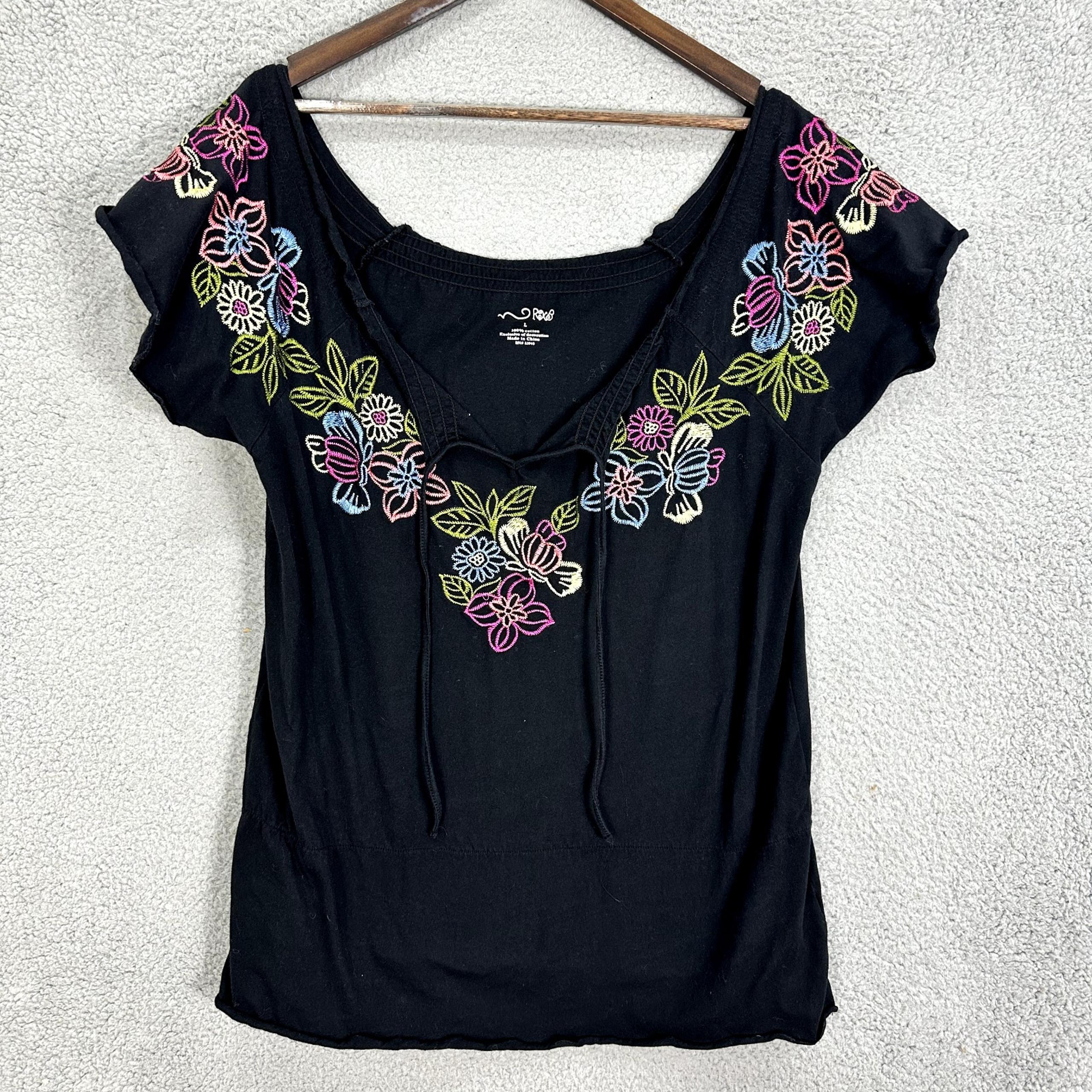 RXB Off The Shoulder Top Womens Large Black Floral Embroidered Tassel Boho Fairy