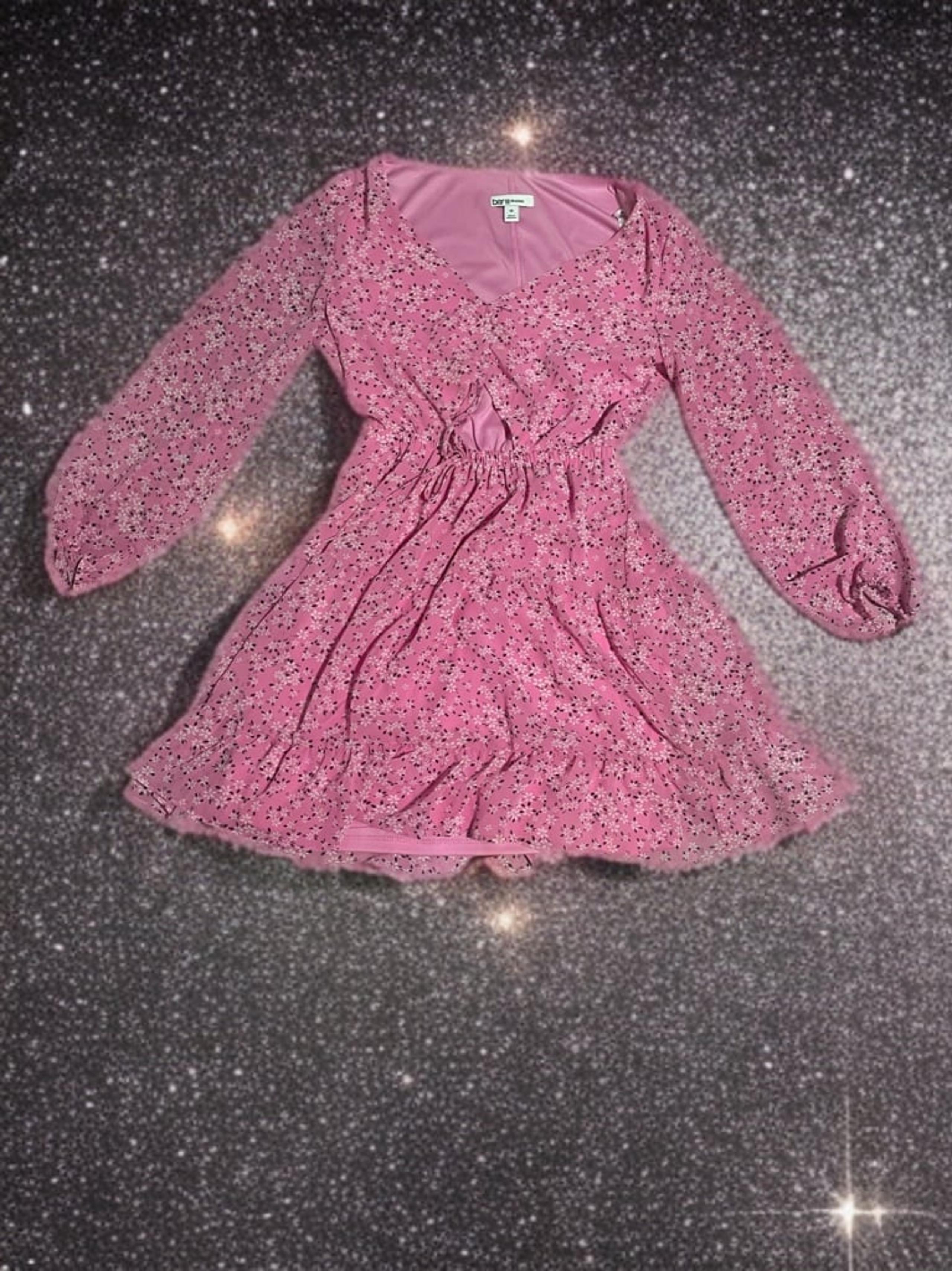 Pink Ditsy Floral Dress Womens Medium Cut out Shirred front Puff Sleeve Bar III