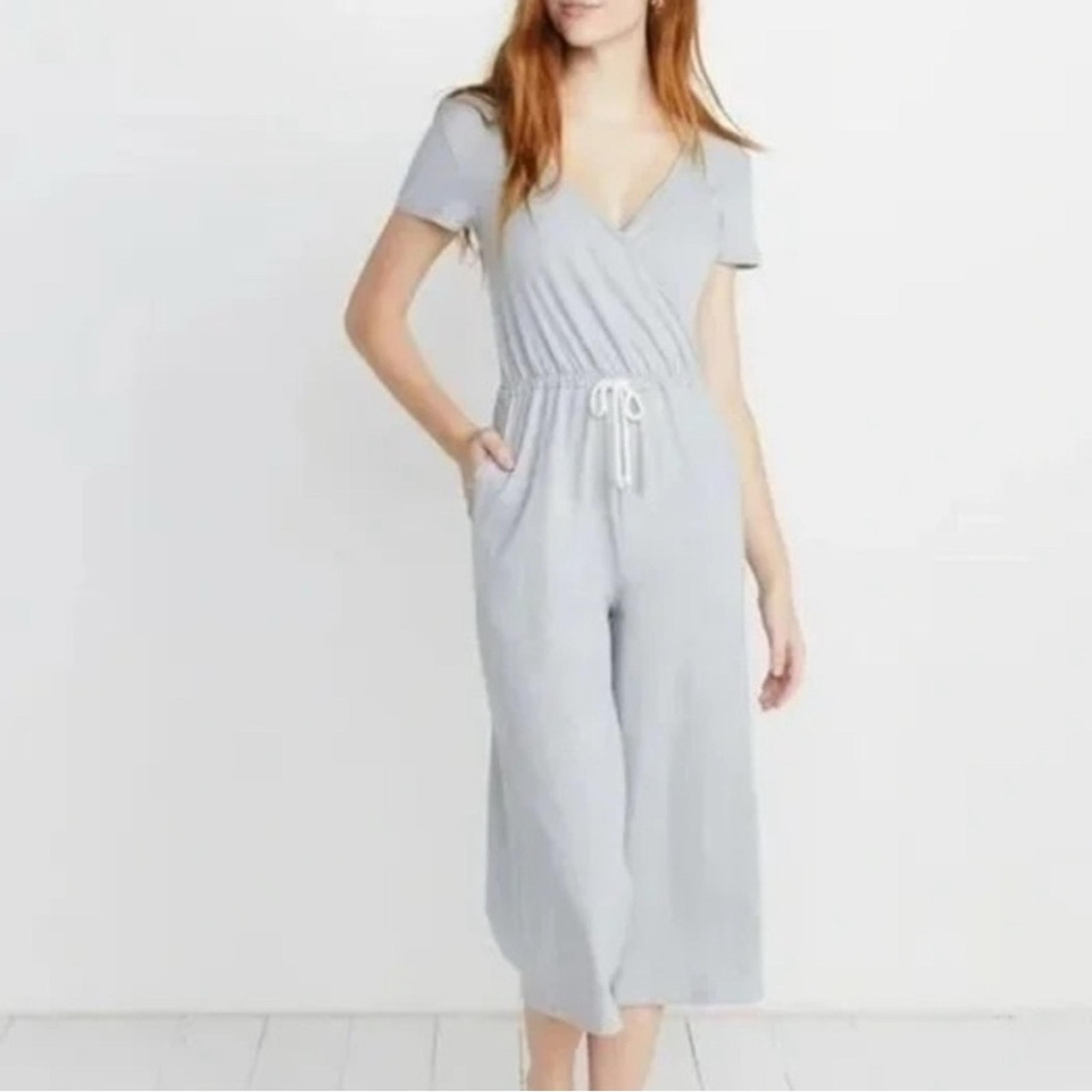 Marine Layer women’s Dana warp blue & cream striped wide leg cropped jumpsuit S