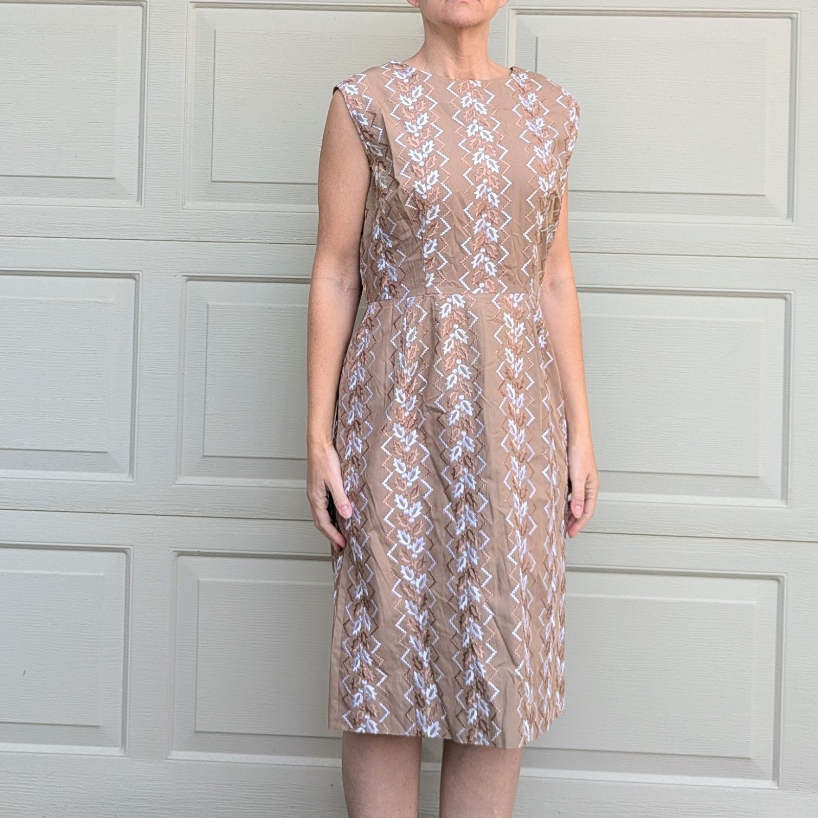 tan EMBROIDERED WIGGLE DRESS 1960's 60's M