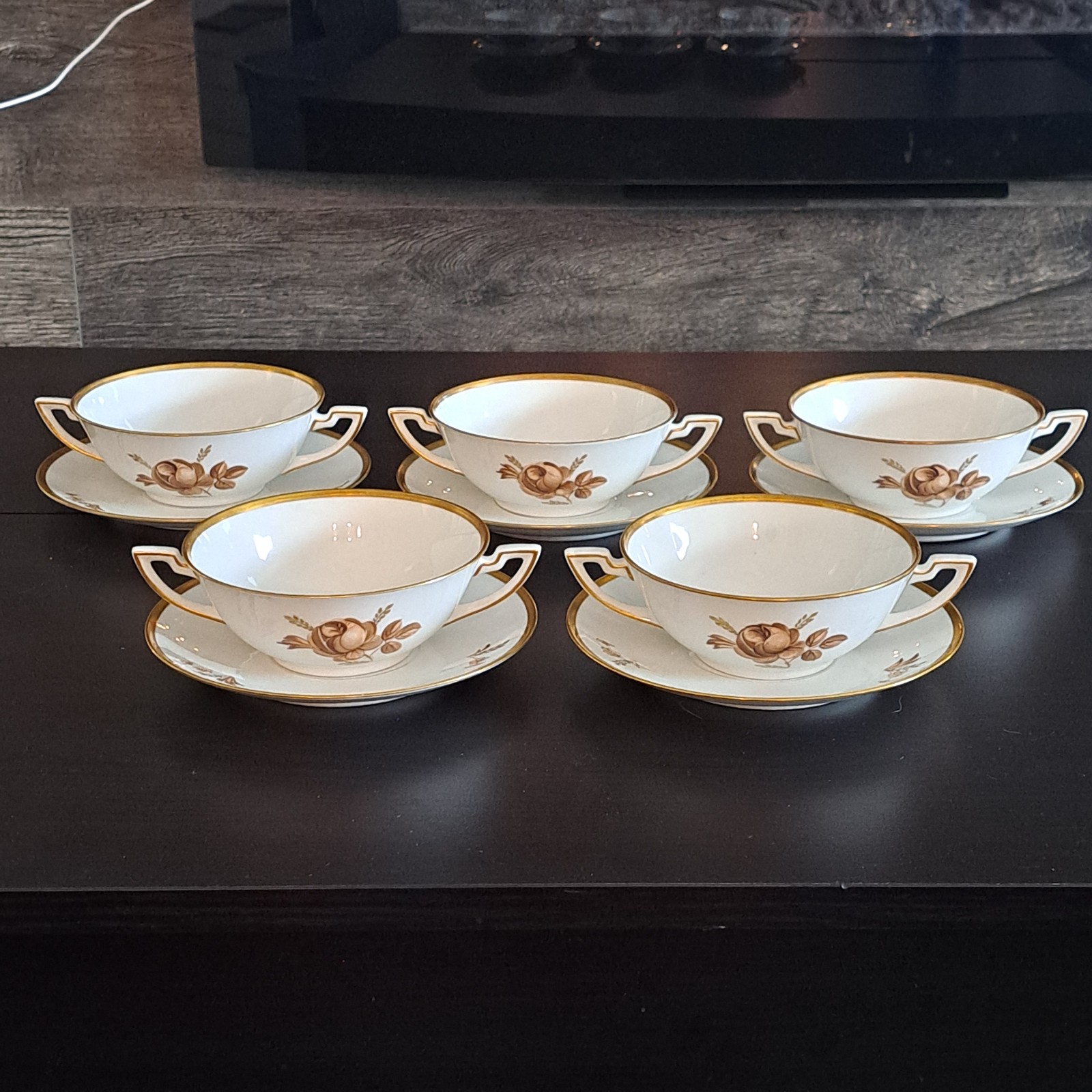 Vintage Royal Copenhagen Golden Basket Flat Cream Soup Bowl & Saucer Set Of 5...