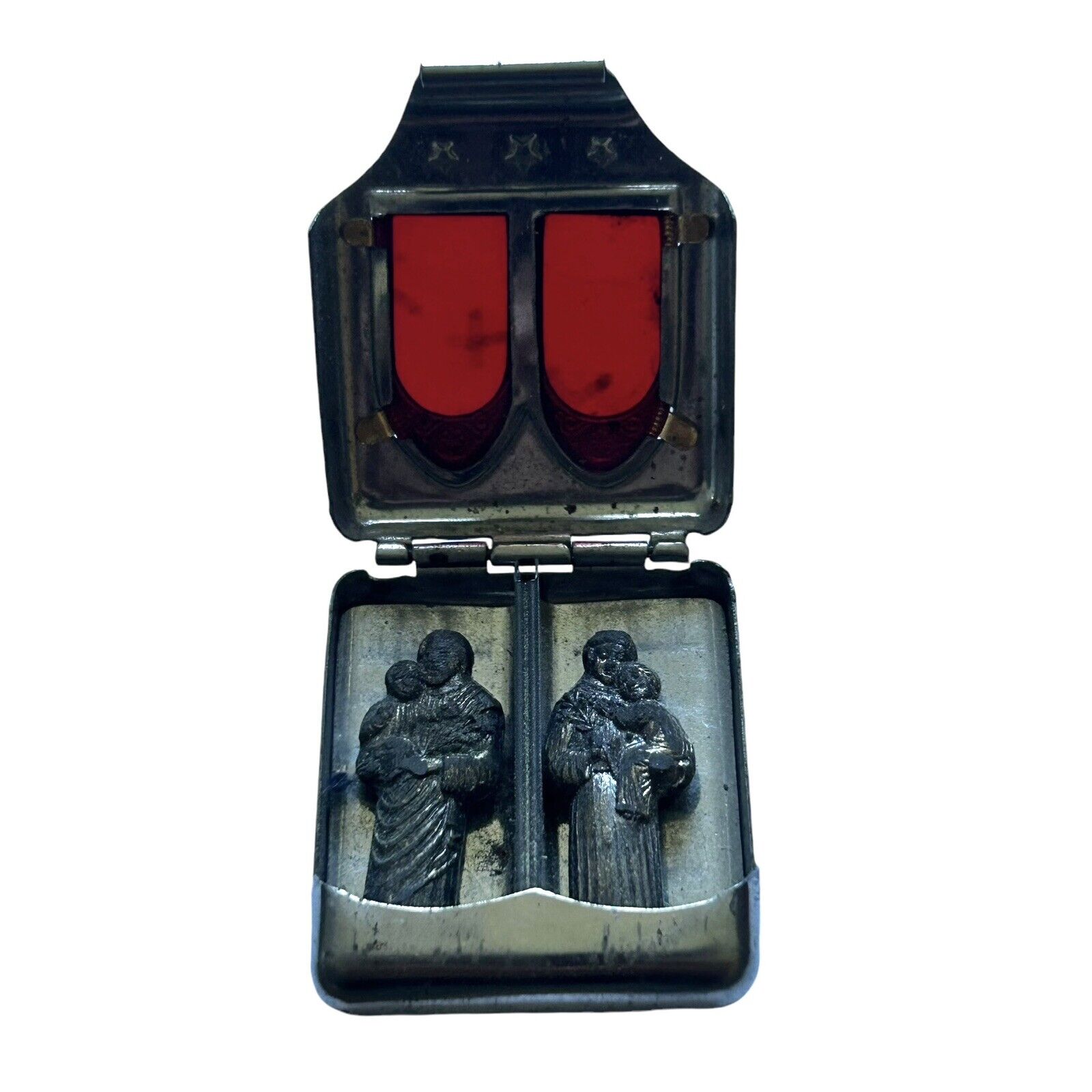 Antique Red Double Window Mini Pocket Shrine 2 Saints German Military Catholic